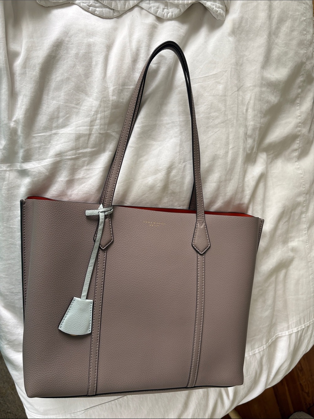 Tory Burch Taupe Perry Triple Com Leather Tote with 🍊 Interior - Picture 2 of 8